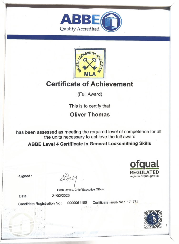 Certificate In General Locksmithing Skills awarded to Oliver Thomas From GT Locksmiths